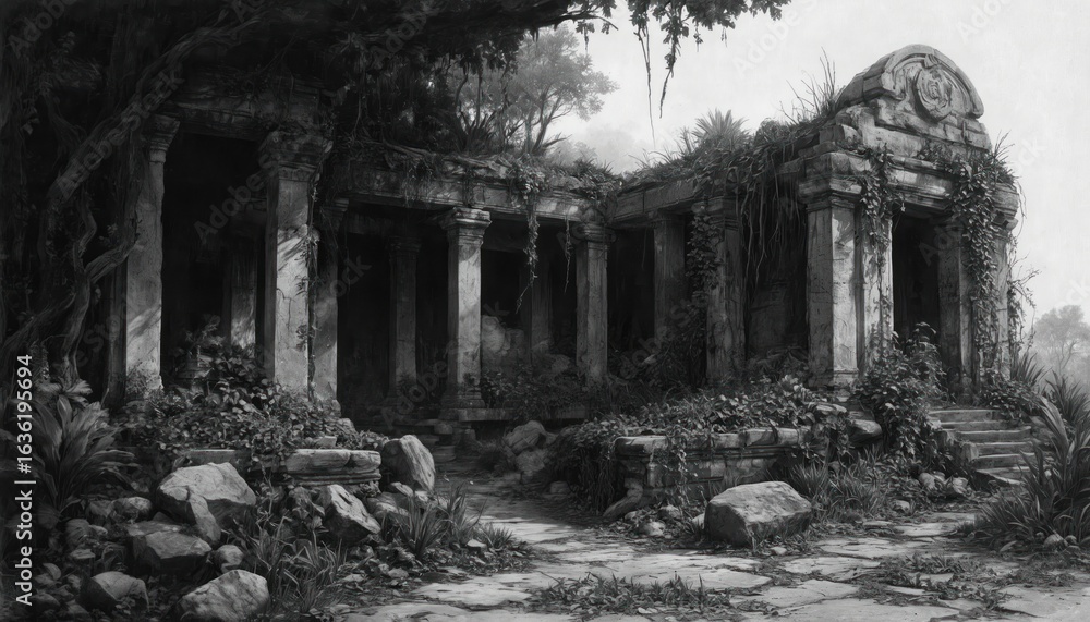 Fototapeta premium Ancient ruined temple overgrown with vegetation. Stone architecture, pillars, details. Explore nature, travel, tourism, culture, history, lost civilization, mystery, exploration. Mysterious