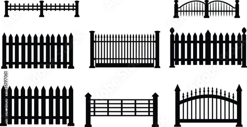 Collection of various black silhouette fence designs, decorative garden gates, metal railings, and classic wooden picket fences for landscaping inspiration