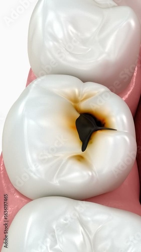 Molar teeth damaged by caries. 3D Animation in a progress