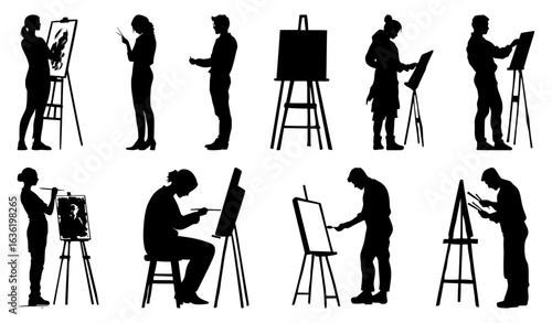 Artist silhouettes collection showing painters at easels in different positions creating artwork and drawing