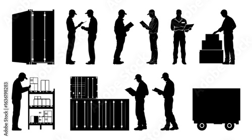 Logistics staff silhouettes collection featuring warehouse employees moving cargo, stacking boxes, and managing inventory