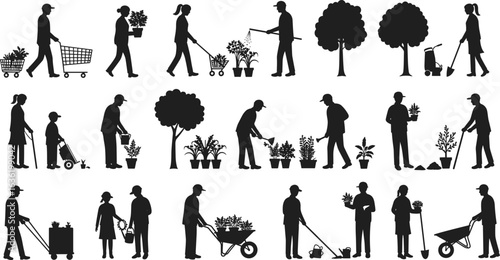 Gardening silhouettes collection, people planting, watering plants, pushing carts, carrying flowers, gardening tools, tree care, plant nursery, landscape maintenance, garden work, nature