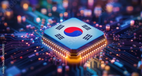 Brightly lit semiconductor chip features South Korean flag design at its center, surrounded by intricate circuits on a neon background, representing innovation in technology and electronics