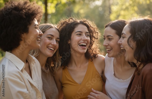 Five diverse young women share joyful moment in park. Happy multiethnic girls laugh, bond outdoors, enjoying friendship. Female students smile, walk casual attire, embrace positive lifestyle, fun in