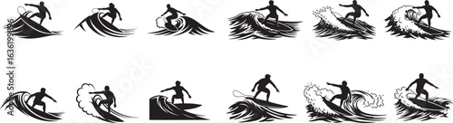 Surfing silhouette vector collection of surfer riding waves ocean sport summer adventure extreme activity set 100