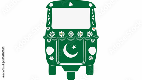 Vibrant green rickshaw adorned with flowers and Pakistan's crescent moon symbol, a cultural icon