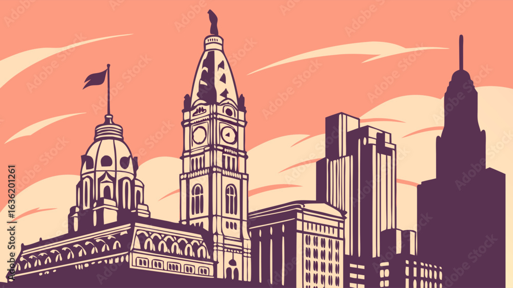 Fototapeta premium Philadelphia skyline showcasing city buildings in orange silhouette suitable for travel brochures, city guides, postcards, websites. Ideal for urbanthemed designs.