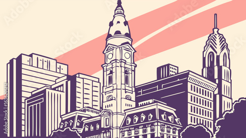 Philadelphia skyline vector ideal for city promotions, travel brochures, posters, and website banners showcasing iconic cityscape design.
