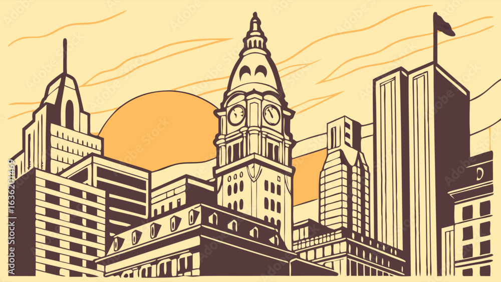 Fototapeta premium Philadelphia skyline vector art with city hall, suitable for travel websites, brochures, city guides, postcards, souvenirs, and social media.