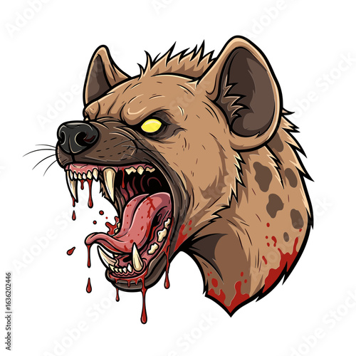 Fierce snarling hyena head illustration with glowing eyes bloody fangs and an open mouth.