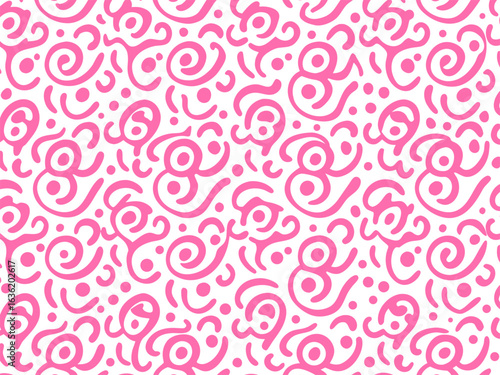A playful, seamless pattern featuring hand-drawn pink swirls, curls, and dots scattered across a clean white backdrop.