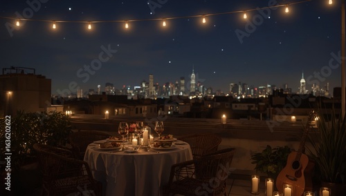 Romantic rooftop dinner at night with soft string lights, delicious food on a small table, and a guitar in the corner