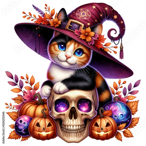 Adorable multicolored cat in a witch hat perched on a skull surrounded by glowing pumpkins and lanterns