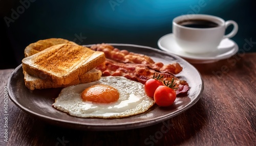 Wallpaper Mural Breakfast spread featuring crispy bacon, sunny-side-up egg, toast, cherry tomatoes, and black coffee in cozy setting Torontodigital.ca