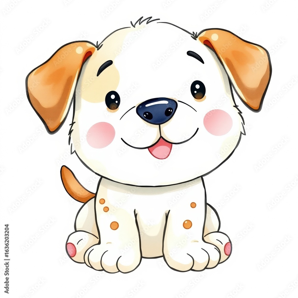 Obraz premium Cute cartoon puppy sitting with a happy expression on white background 