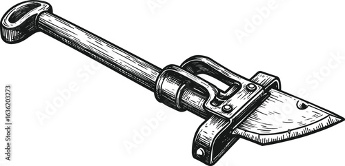 Vintage engraving illustration of leatherworking edge beveler tool, antique hand tool for leather craft, woodworking, shoemaking, detailed black and white drawing