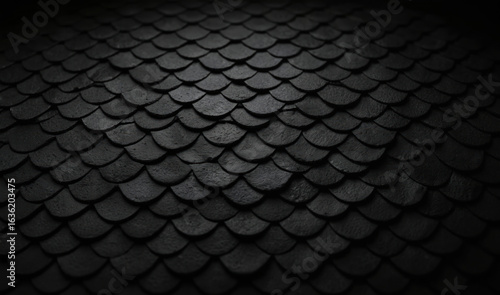 Dark scaled pattern background. Black scales texture, seamless design. Repeatable abstract design for wallpaper, decor, roof, metal, fish skin, armor. Modern background, abstract design.