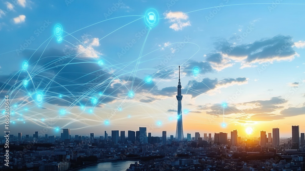 Naklejka premium Smart City Network Skyline