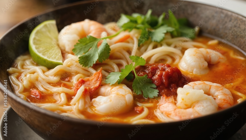 Malaysian laksa soup, coconut broth, shrimp, rice noodles served with lime, sambal. Spicy Asian dish, healthy meal, food photography, culinary, restaurant cuisine. Delicious, nutritious, flavorful Malaysian laksa soup, coconut broth, shrimp, rice noodles served with lime, sambal. Spicy Asian dish, healthy meal, food photography, culinary, restaurant cuisine. Delicious, nutritious, flavorful