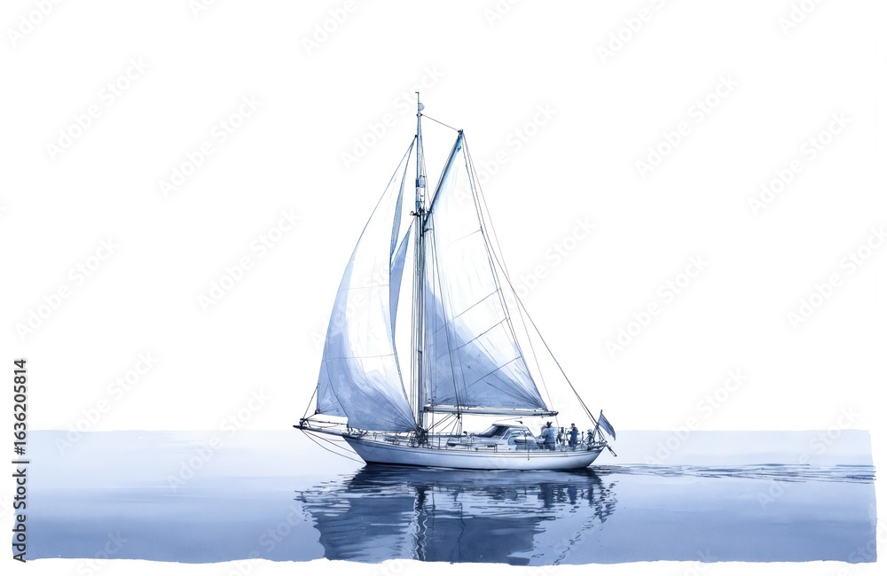 Fototapeta premium Watercolor sketch sailboat with people onboard sailing calm ocean. Classic design yacht at sea, nautical vessel, leisure activity. Holiday travel vacation, summer escape with family friends.