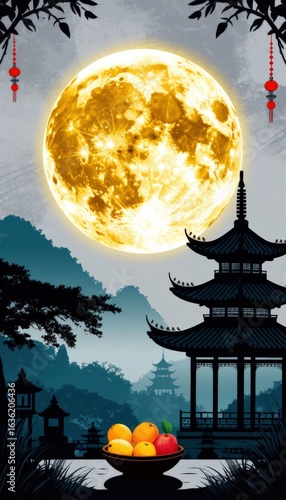 Golden full moon above a soft indigo to gray gradient sky, with a pagoda silhouette and fruit basket below. Ideal for Mid Autumn Festival campaigns, spiritual branding, and seasonal design.