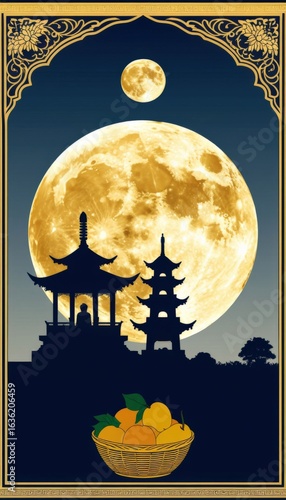 Golden full moon above a soft indigo to gray gradient sky, with a pagoda silhouette and fruit basket below. Ideal for Mid Autumn Festival campaigns, spiritual branding, and seasonal design.