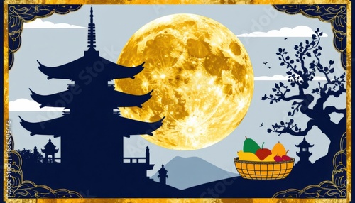 Golden full moon above a soft indigo to gray gradient sky, with a pagoda silhouette and fruit basket below. Ideal for Mid Autumn Festival campaigns, spiritual branding, and seasonal design.