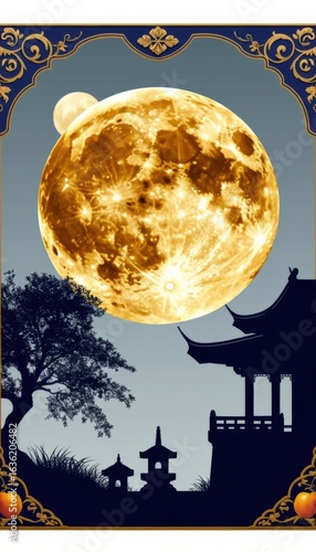 Golden full moon above a soft indigo to gray gradient sky, with a pagoda silhouette and fruit basket below. Ideal for Mid Autumn Festival campaigns, spiritual branding, and seasonal design.