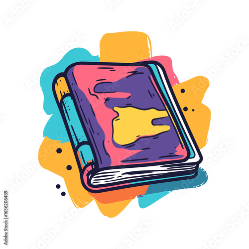 vibrant, modern, cartoon-style icon of a closed book with a colorful abstract background. It can be used on websites or blogs about education, reading, storytelling, or creativity.