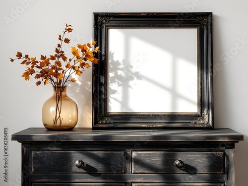 Empty frame mockup leaning on black wooden chest of drawers with autumn decoration