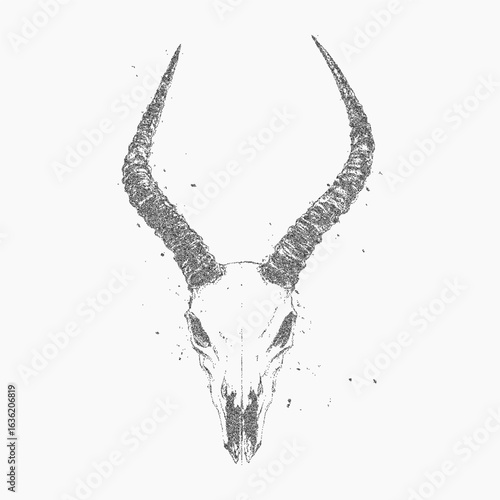 Animal skull with horns. Blurry edge form with grunge style speckles, fine ink dust and scattered dotwork overlay.