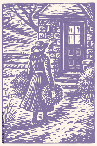 A woman in a vintage coat and hat carries a holiday wreath to the door of a stone cottage. Vector illustration in a classic woodcut or linocut style.