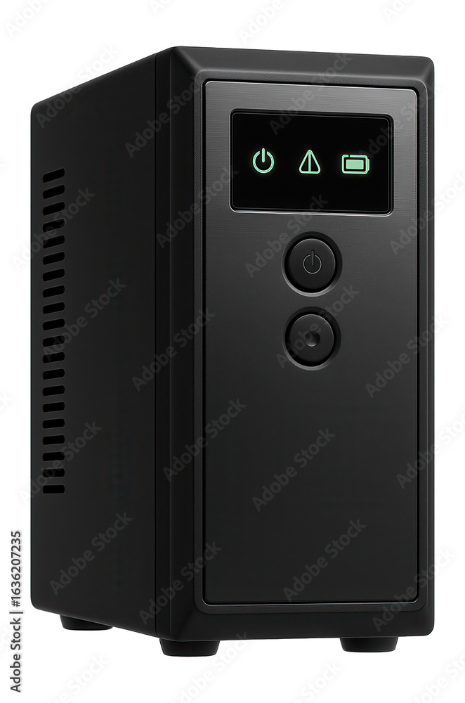Obraz premium Tower-style line-interactive UPS with front-facing control panel and battery status indicators
