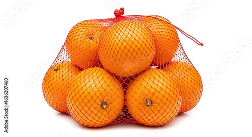 Bag of fresh oranges with protective netting against a white background