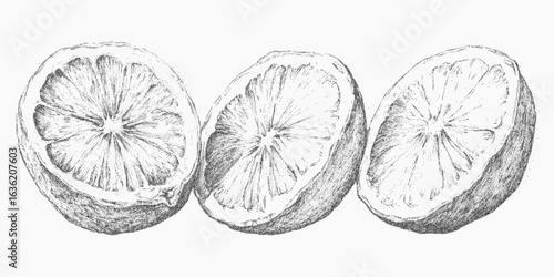 Halves of oranges. Graphic figure with dense grit, scattered dots and uneven threshold. Worn ink surface.