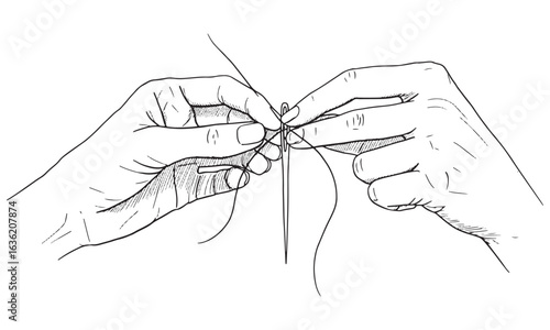 Sewing Hands with Needle and Thread Vector line art illustration