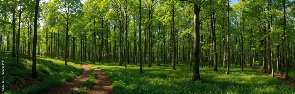 Obraz premium Panoramic view of beech forest in spring mountains. Sunlight filters trees fresh green foliage. Dirt road winds through meadow. Natural light illuminates landscape. Scenic springtime woodland