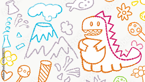 Hand drawn crayon style illustration featuring a dinosaur volcano flowers and other simple shapes and icons
