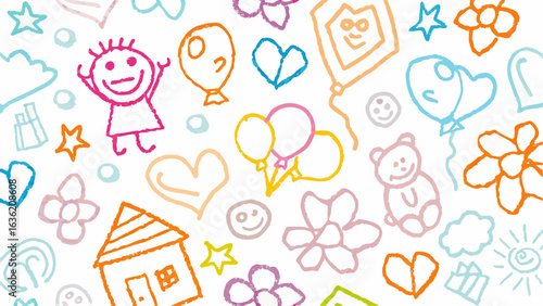 Colorful crayon drawing featuring a child, balloons, hearts, flowers, house, and other whimsical shapes