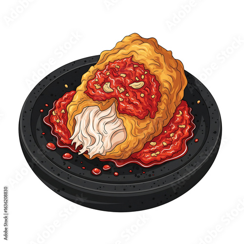 Crispy golden fried chicken served on a traditional stone plate with a generous topping of spicy red chili sambal
