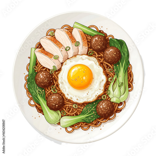 A savory illustrated Asian noodle dish with sliced chicken, meatballs, bok choy, and a sunny-side-up fried egg on a plate.