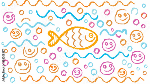 Hand drawn style illustration with a golden fish swimming among waves and smiling faces and bubbles