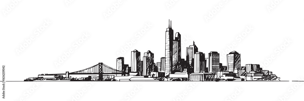 Naklejka premium Black and white city skyline silhouette, Urban City Skyline Panoramic Vector Illustration isolated on transparent background