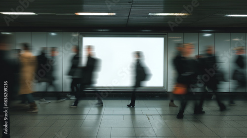 Bustling underground metro station with commuters in motion, illuminated blank billboard display catching attention amidst the urban transit rush hour