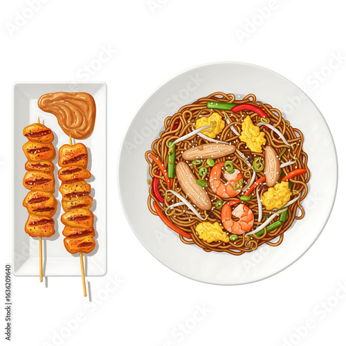 A flavorful illustration of Asian cuisine featuring stir-fried noodles with shrimp and chicken, and grilled satay skewers with peanut sauce.