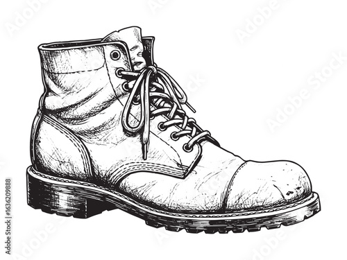 Vintage Leather Hiking Boot Detailed Vector Drawing Illustration