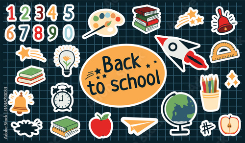 Back to school sticker set with educational icons and colorful elements on dark grid