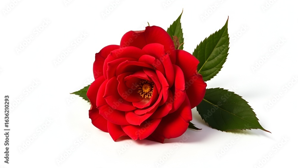 Fototapeta premium One stunning red rose in full bloom with fresh green leaves, isolated on white.