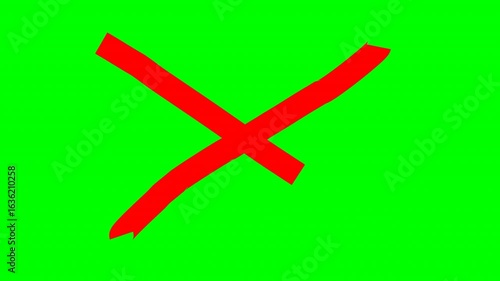 hand drawn red cross mark. red crossed lines animation 4k video on a green screen background.