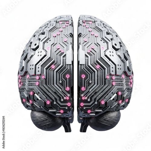 Illustration of a metallic cerebral organ with glowing pink circuit patterns on a bright white canvas view
